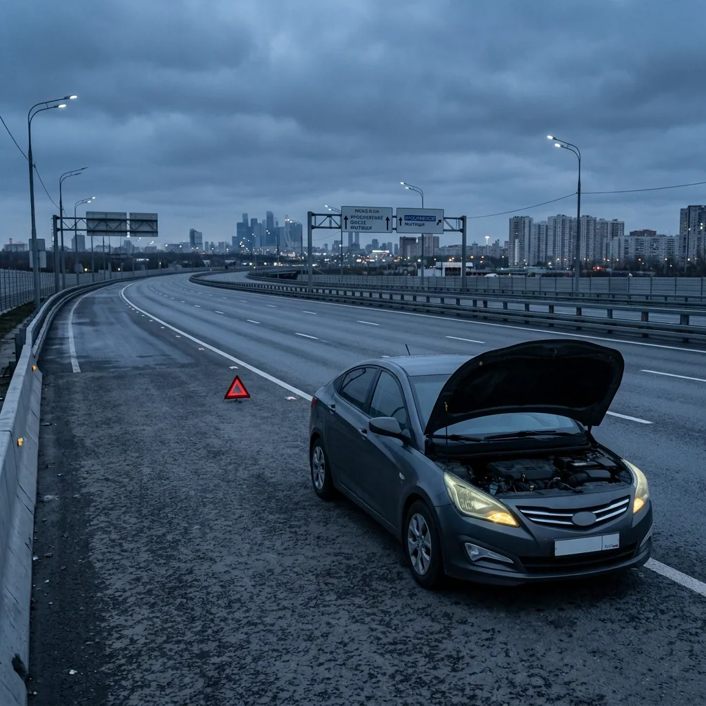 Автомобиль с открытым капотом на обочине МКАДа