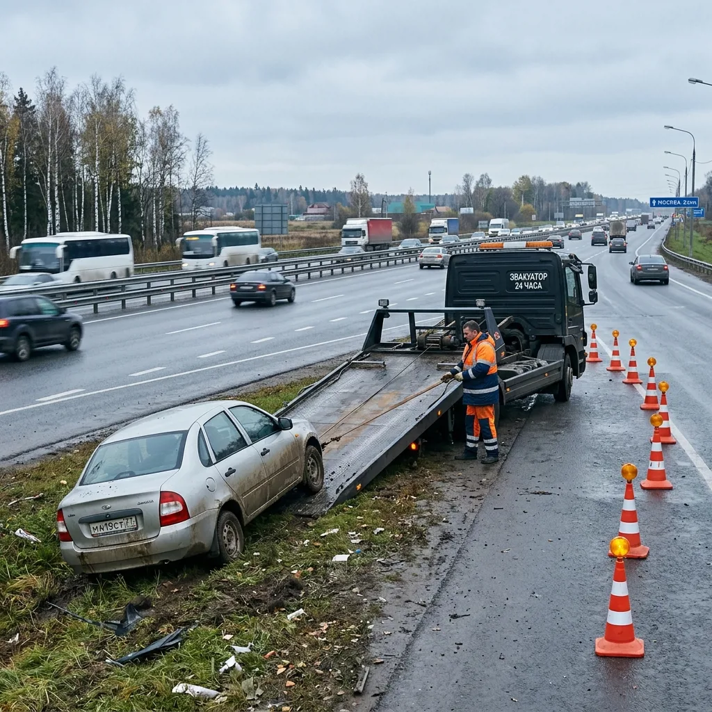 Эвакуатор на трассе поднимает автомобиль из кювета