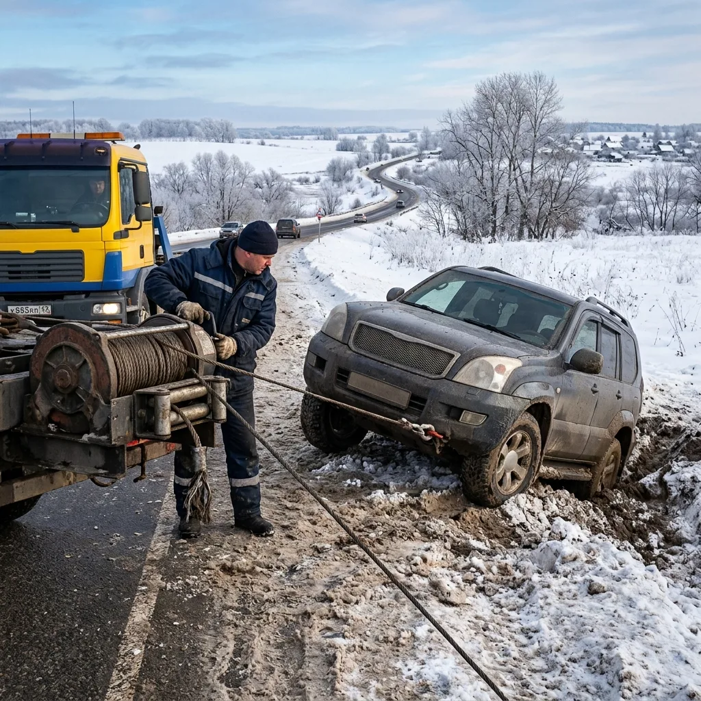 Подъем автомобиля из кювета лебёдкой эвакуатора в Московской области