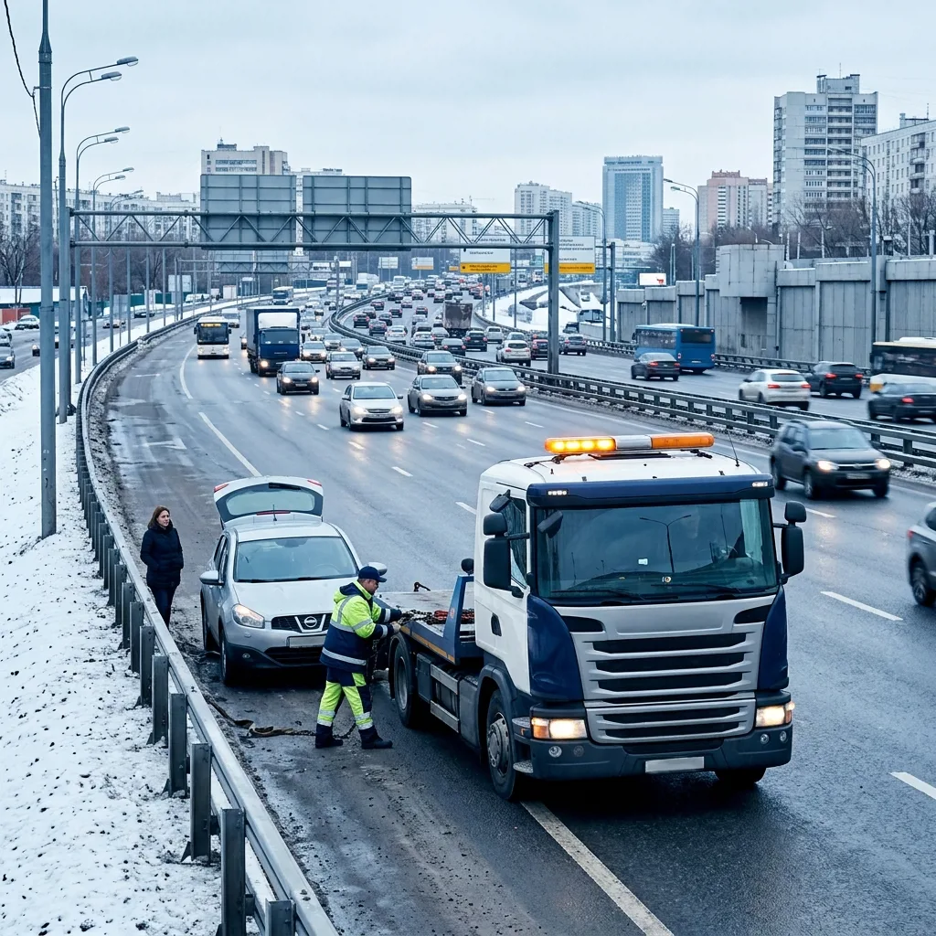 Эвакуатор на МКАДе помогает сломанному автомобилю