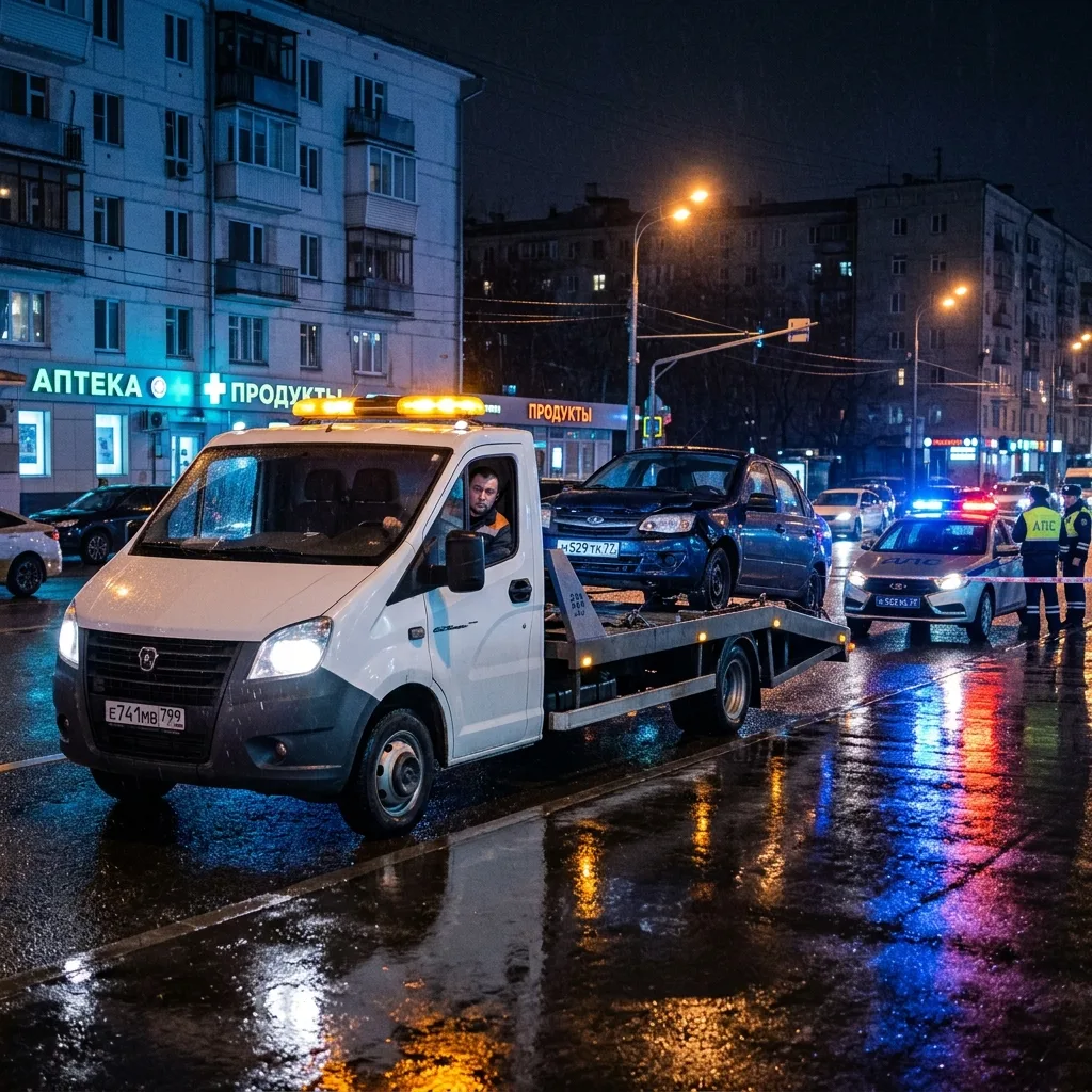Эвакуатор на месте ДТП в Москве ночью с включёнными проблесковыми маячками
